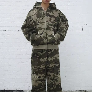Unisex Oversized Hoodie Sweatpants Set Custom Rhinestone Tracksuit CAMO Cotton Vintage Distressed Streetwear Two Piece
