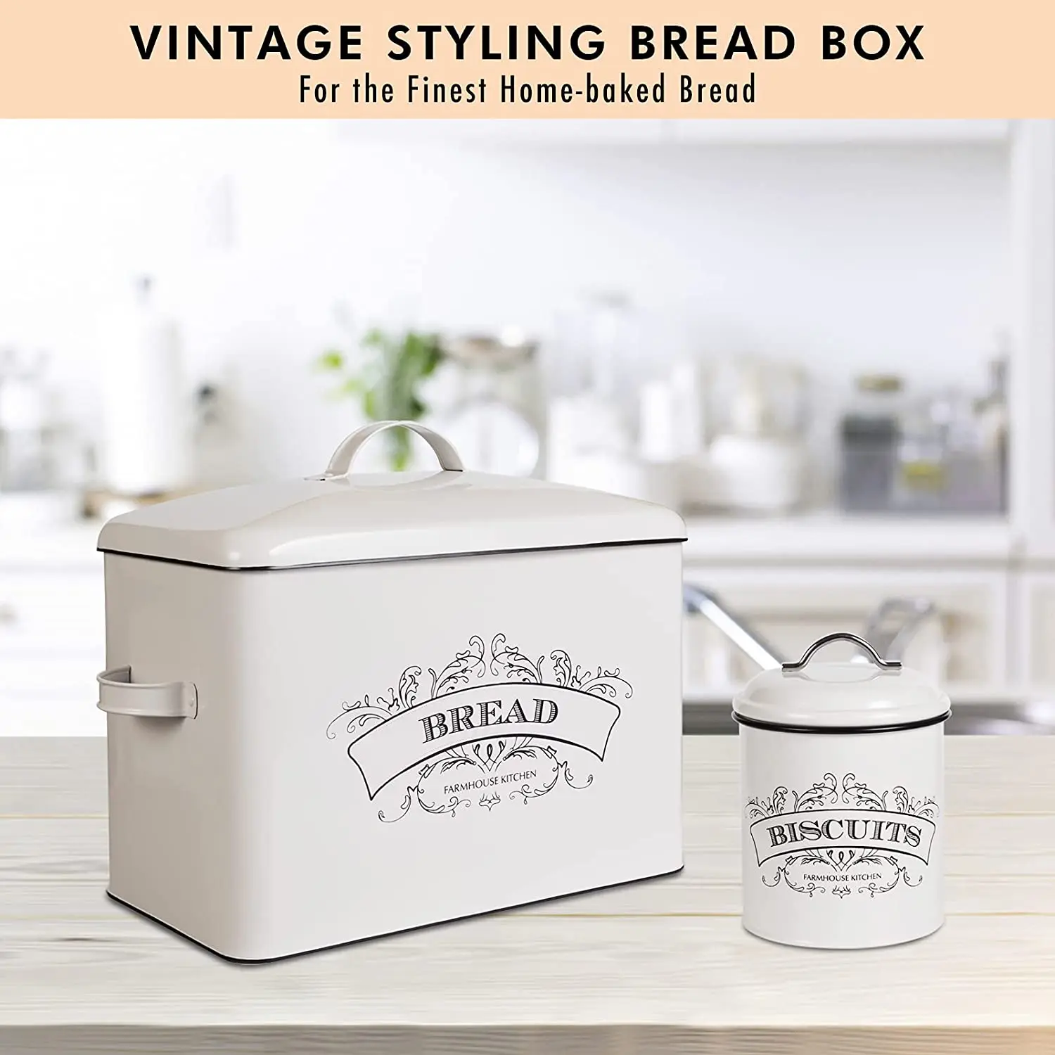 Extra Large Bread Storage Container With Matching Biscuit Tin In White Metal,Bread Boxes For