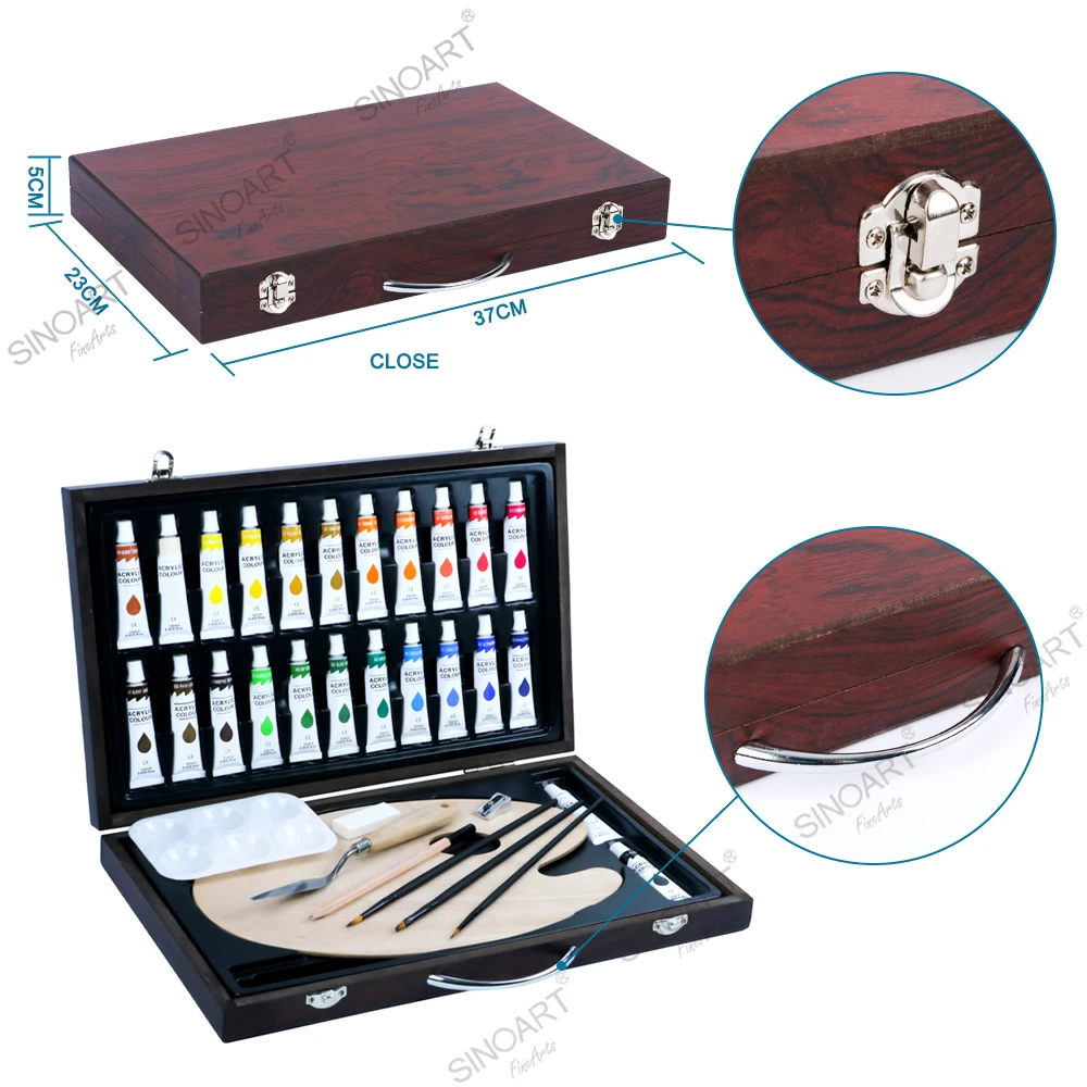 Набор для рисования акриловыми красками SINOART 34 шт., деревянная Подарочная коробка с 24 цветами, набор для рисования акриловыми красками