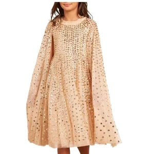 Wholesale Elegant Children's Sleeveless Knee Length Evening Dress Girls Kids Sequined Attached Cape Party Gown