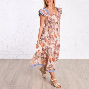 Pink Mulit Print Dress Midi Smocking Dress Daily Contrast Dress