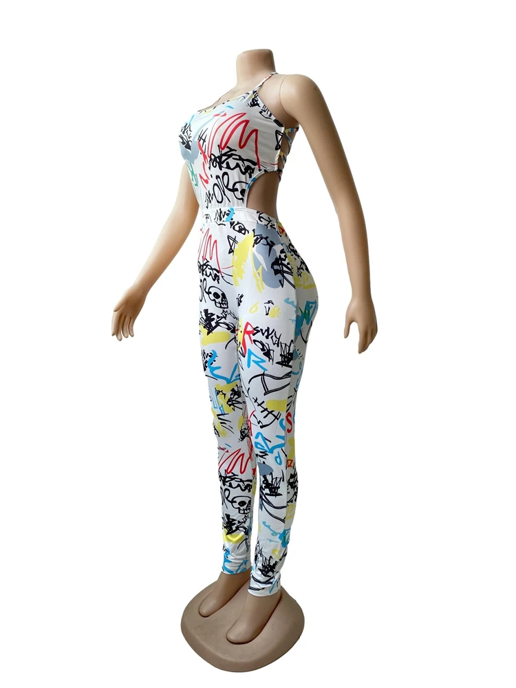 Boutique Female Jumpsuits Sleeveless Graffiti Printed Summer Casual Women Long Rompers