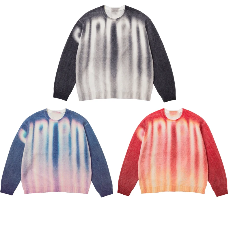 Senior Custom New Designer Blurred Logo Print Sweater Brushed Wool Blend Tie Dye Gradient Knitted Pullover Mohair Sweater Men