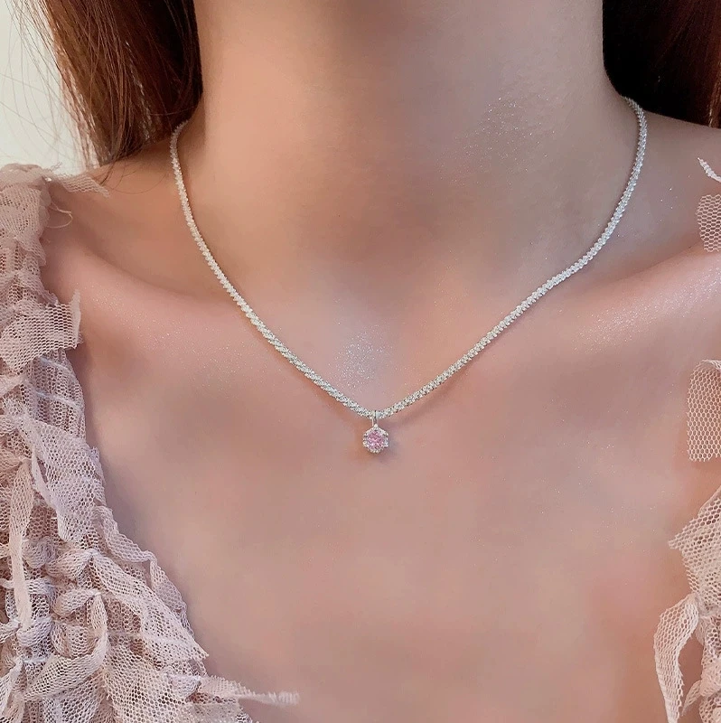 Luxury Silver Necklace with Pink Zircon Starry Sky