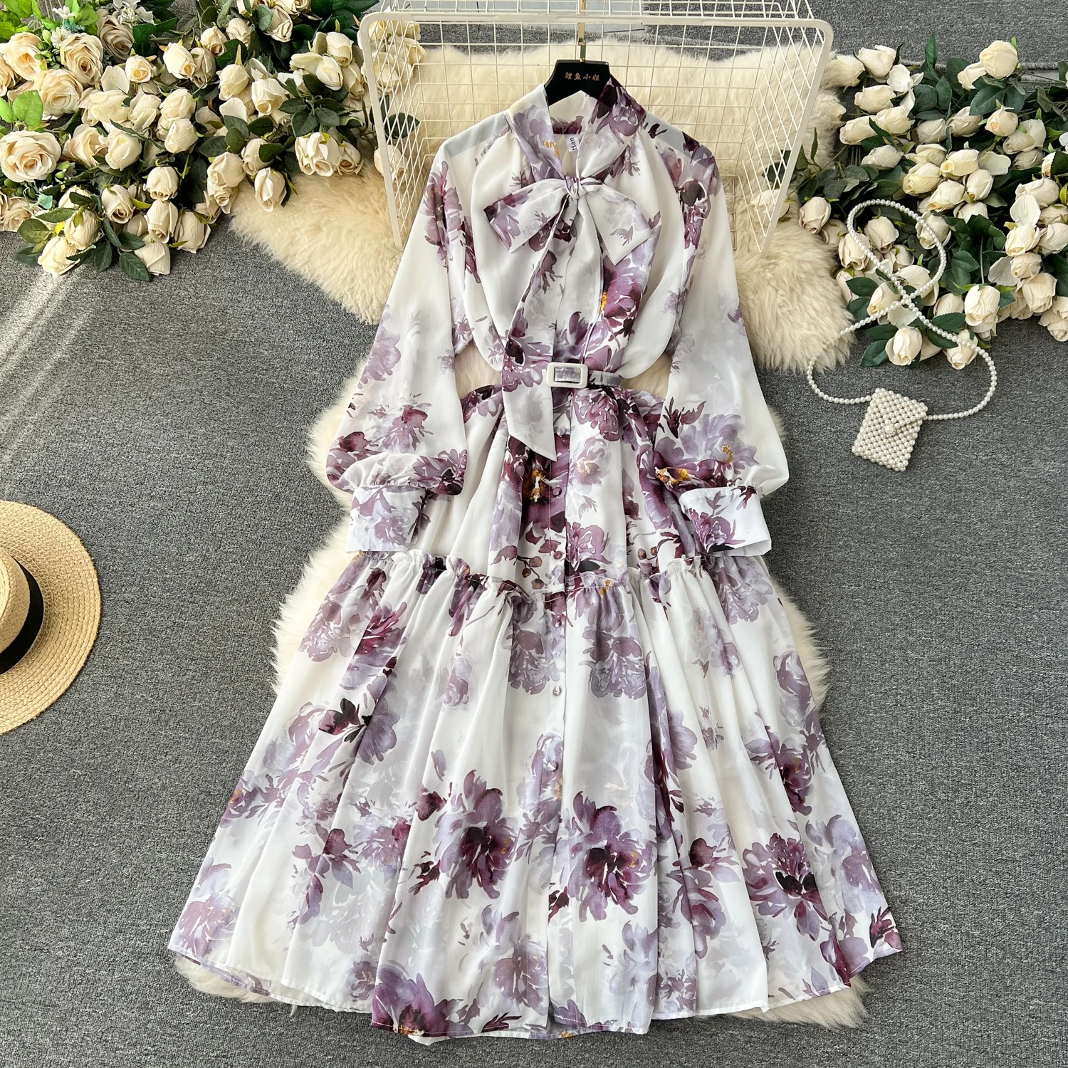 New Bow Neck Midi Vintage Printed Elegant Long Sleeve Women's Dresses
