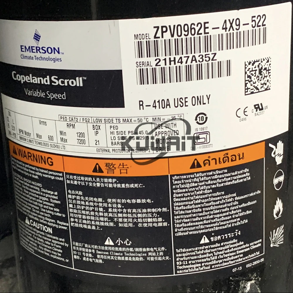 Copeland ZPV0962E Inverter Scroll Compressor - 15HP, CE Certified