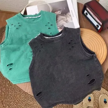 Children's clothing blank version Washed and worn ripped vest children's summer clothing cotton sleeveless T-shirt top