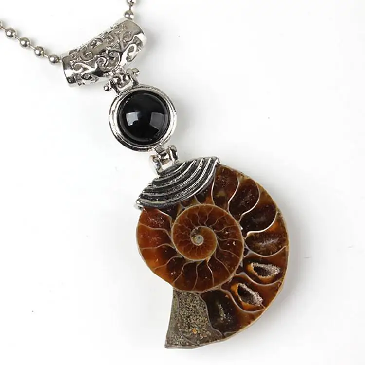 DIY Natural Ammonite Pendant Conch Shell Black Obsidian Pendant for Crystal Necklace Jewelry