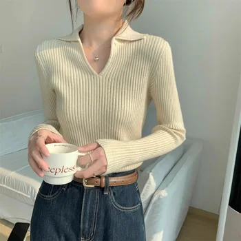 2025 Autumn Women's  Base Shirt with Solid Pattern Long-Sleeve Knit Top and Casual Style for Winter