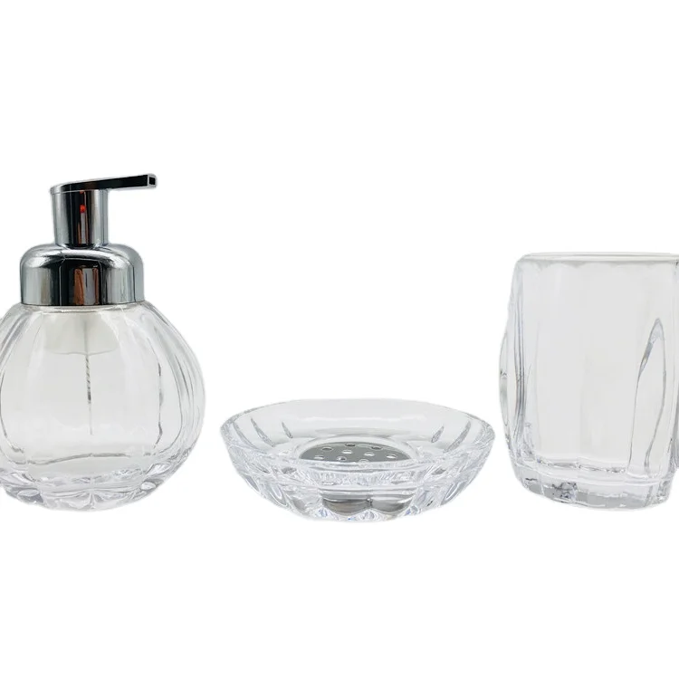 Glass Luxury Bathroom Accessories Floral Style Clear Bath Items Set Simple Design For Home Hotel Usage High Quality Bes Price Buy China Bathroom Accessories 3pcs Countertop Glass Bathroom Accessories Sets Foaming