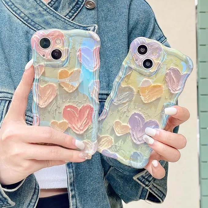 Laudtec Cute Beige Hearts Retro Oil Painting Case for iPhone 16 promx Curly Wave Edge Glitter Shockproof Protective Slim Case supplier