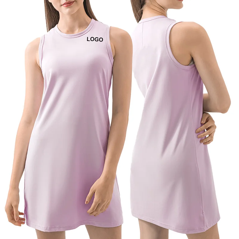 Dss067 Women Summer Sports One-Piece Dress Crew Neck Racer Back Tennis Dress Quick Dry Loose Fit Outdoor Active Wear