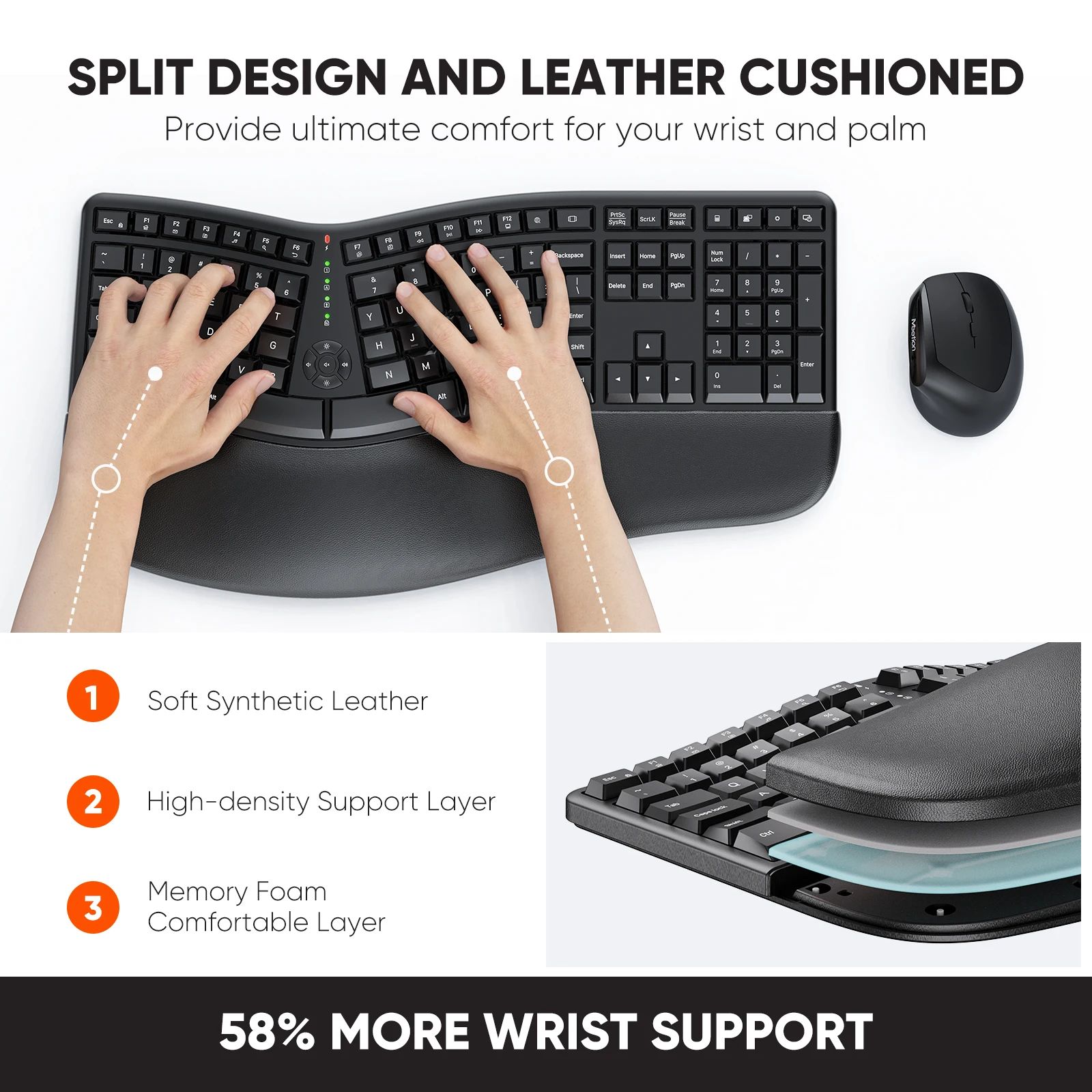 MEETION DirectorC Keyboard Ergonomic Leather Palm Rest Wireless Multi System Keyboard Wrist Rest Pad Ergonomic Soft Mem