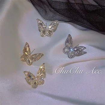 SP Fashion Korean Style 925 Silver Needle Bling Butterfly Glass Crystal Stud Earrings