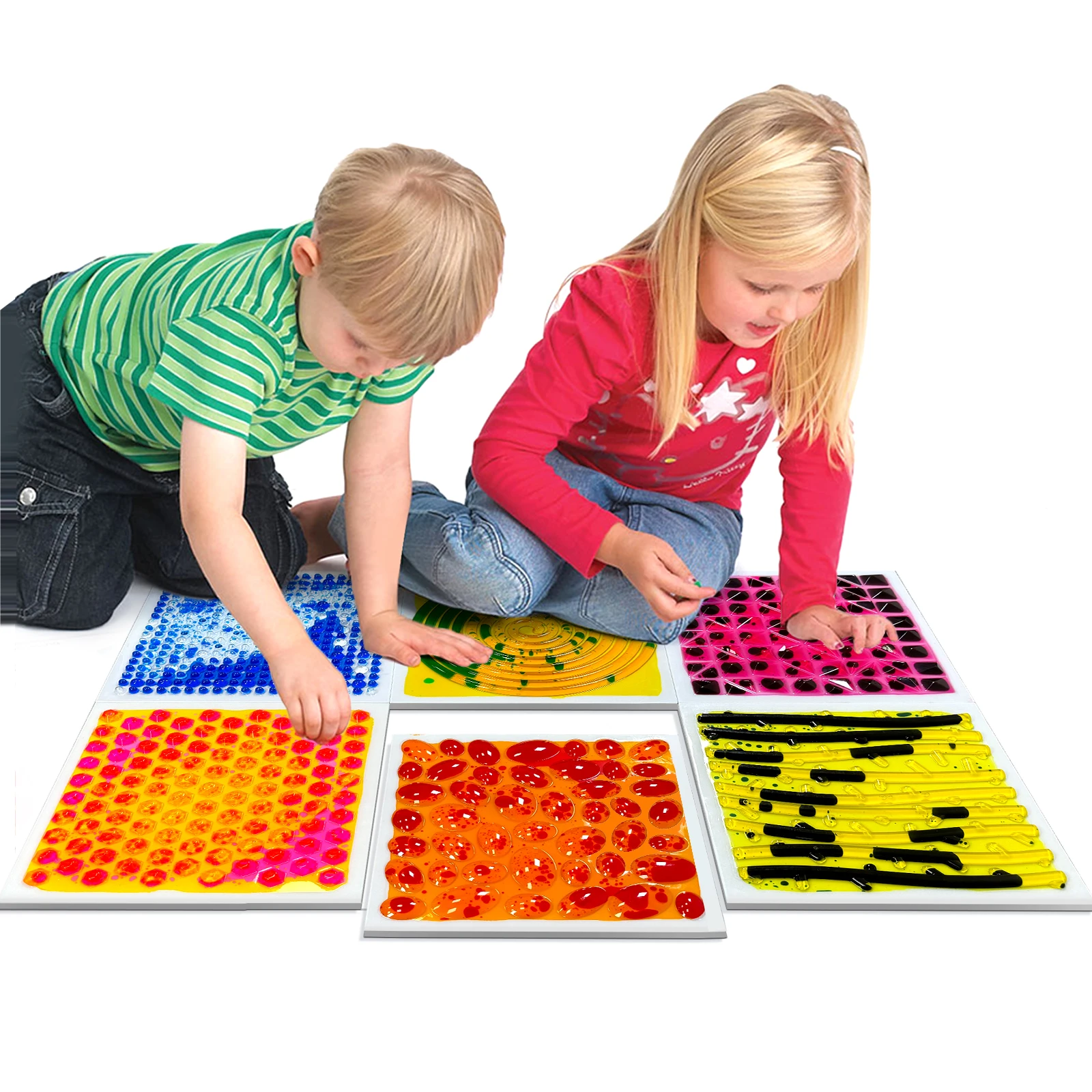 HF Jouet éducatif sensoriel, tapis d'art de sol liquide texturé de 12 pouces, carreaux de jeu pour enfants autistes