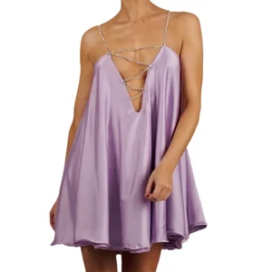 Custom High Quality Crystal Straps Latest Designer Lady Clothes Fashion Summer Trendy Women Mini Sexy Satin Swing Dress 2026