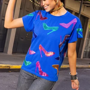 LYG Wholesale Custom New Design Colorful High Heel Sequin Embroidery Tee Shirt Crewneck Cotton Fashion T-shirt