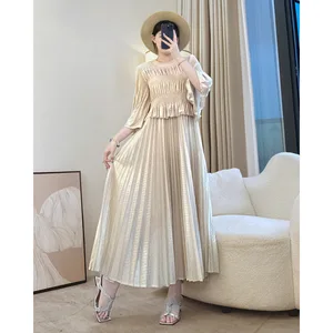 2025 Summer New Pleated Casual Dress Plus Size Loose Style Solid Pattern Women's Dress