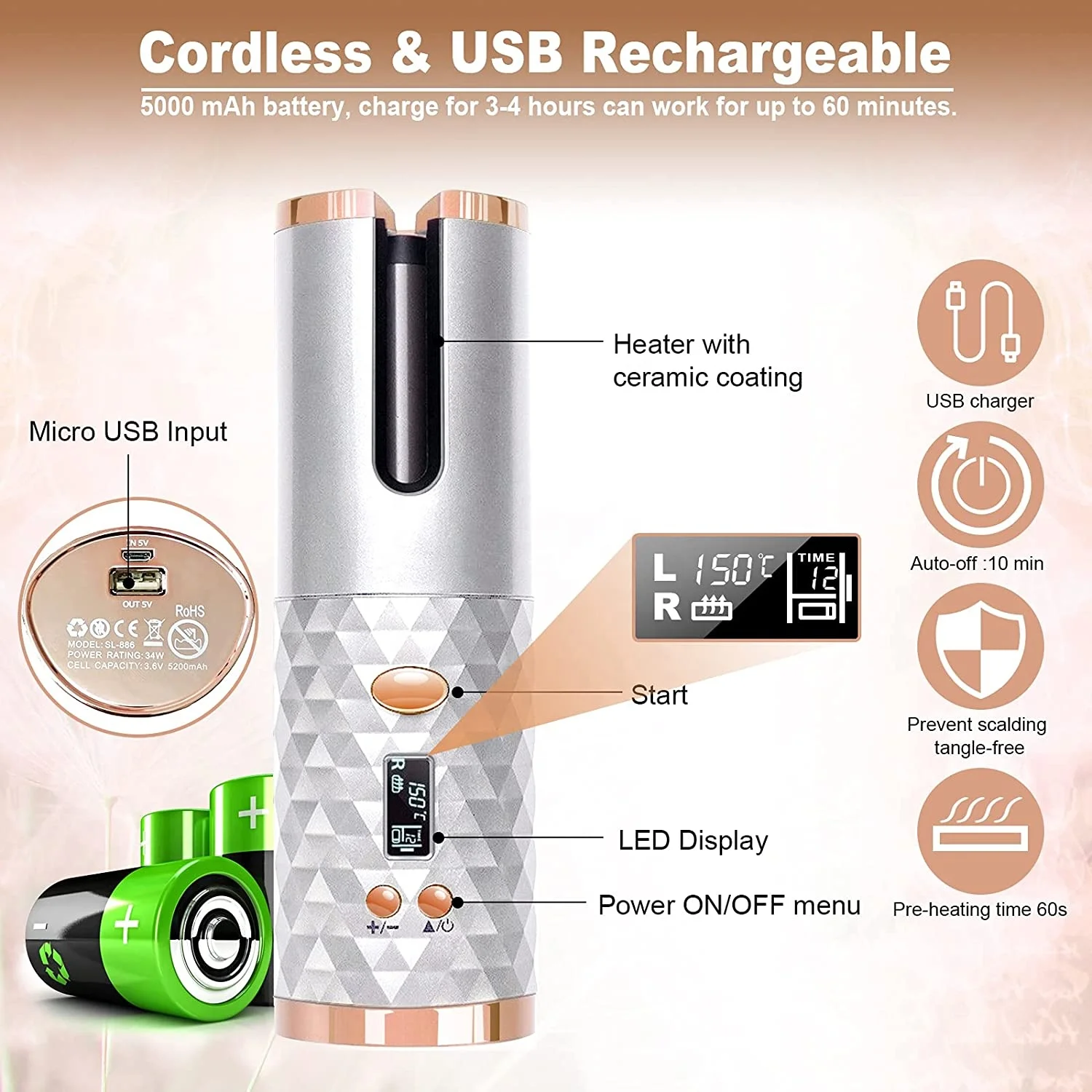 USB Rechargeable Cordless Automatic Fast Heating Curling Iron Portable Ceramic Barrel Hair Curling Wand for Hair Styling Anytime