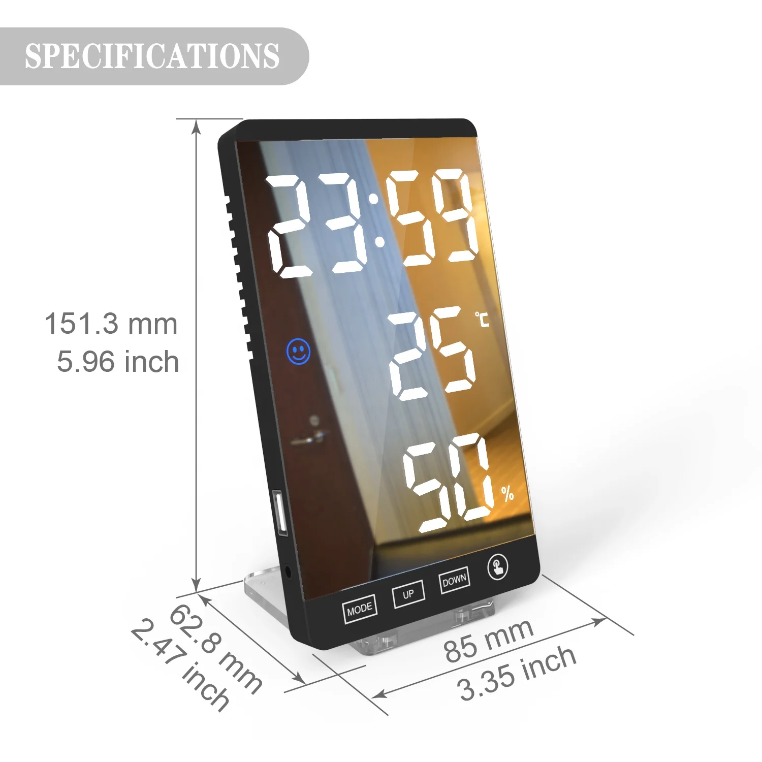 2020 NEW Digital Mirror LED  Alarm Clock with USB Charging Port Brightness Sensor for Bedroom Wall Kitchen Hotel Table Desk