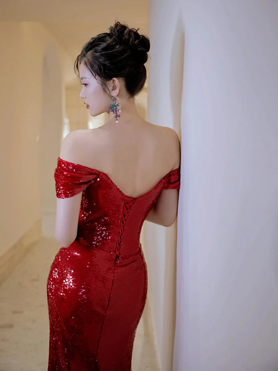S0891t Elegant High Quality Black Graduation Dress Adult Half Sleeve Lace Decoration Evening Gown For Toasting Bride