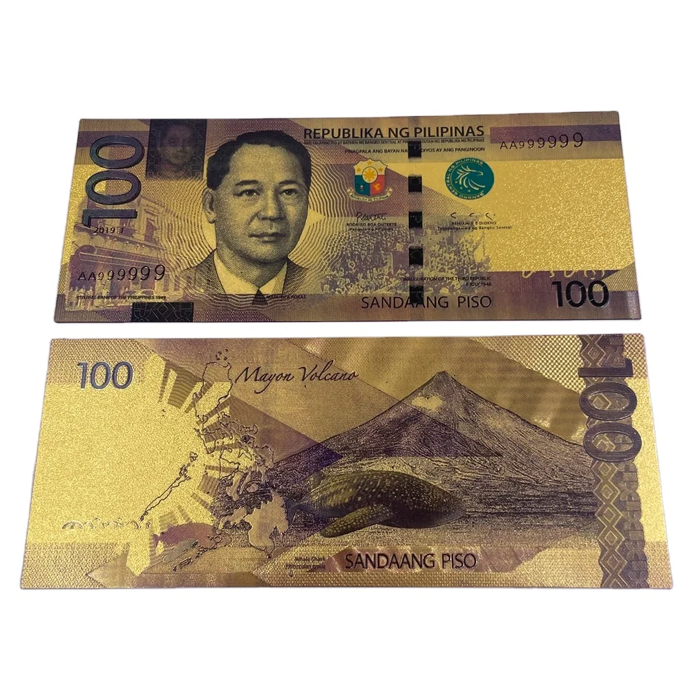 定制免运费 菲律宾货币收藏工艺品 塑料 20 50 100 200 500 24k 镀金纸币