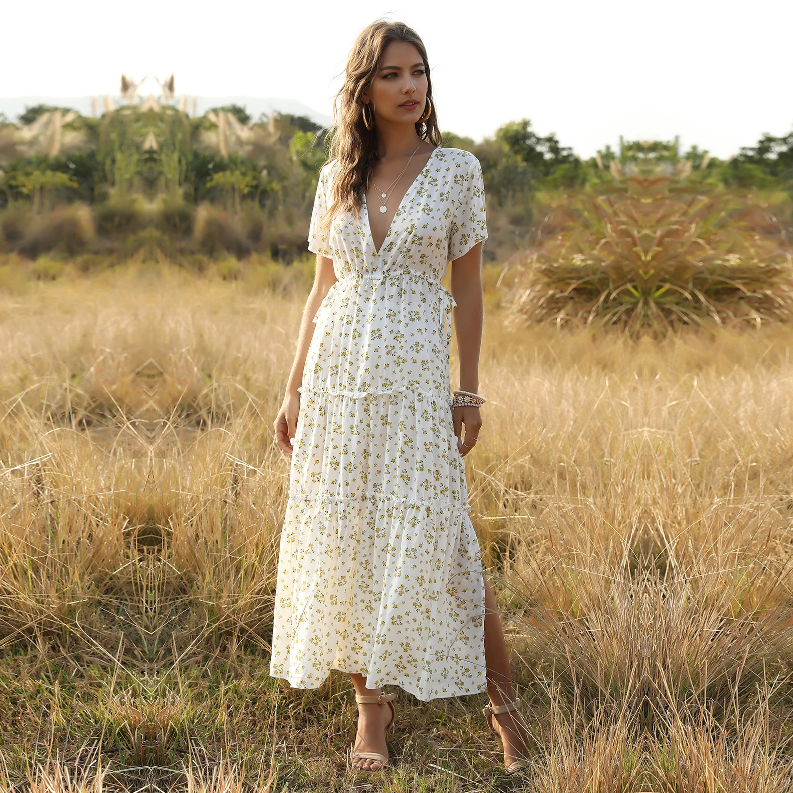 Ready to Ship New Style Short Sleeve V Neck Polyester Chiffon Printed Floral Maxi Dress 2021 Women Clothing