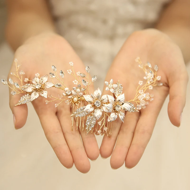 Handmade Elegant Rhinestone Pearl Bridal Tiara Wedding Bride Hair Comb for Momen