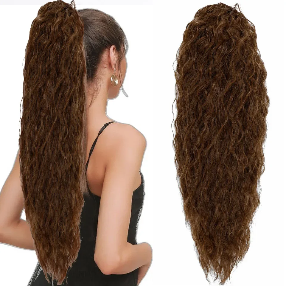 Water Wave Drawstring Ponytail Hair Extensions 170g 26in Curly Pony tail Natural Black Color 100 Brazilian Remy Human Hair 1B_voghion.com