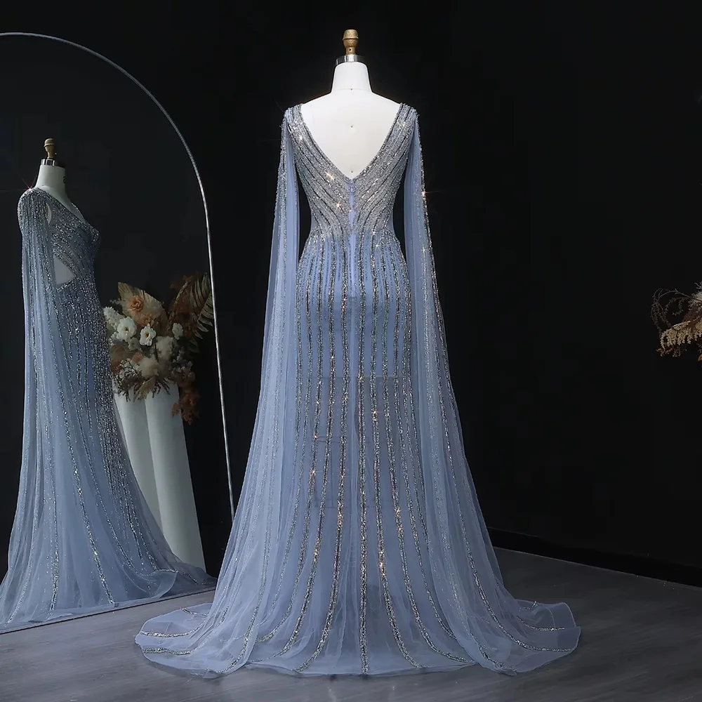 Elegant Blue Mermaid Arabic Evening Dress with Cape Sleeves Elegant Blue Mermaid Arabic Evening Dress with Cape Sleeves