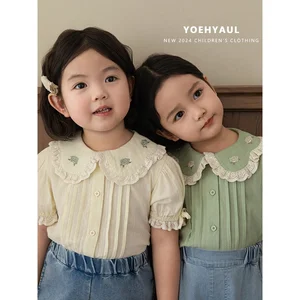 YOEHYAUL X4461 Fashion Custom Design Floral Embroidery Design Kids Girls Elegant T Shirt Soft Child Toddler Girls Tshirts Top