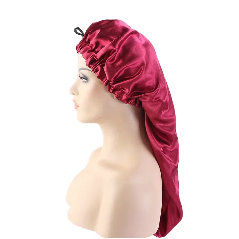 New Long Satin Bonnets With Button High Elastic Hair Band Night
