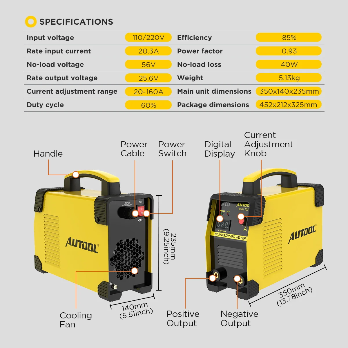 autool m508 mma焊機便攜式逆變電弧電焊機汽車棒diy焊工220v 1/8英寸