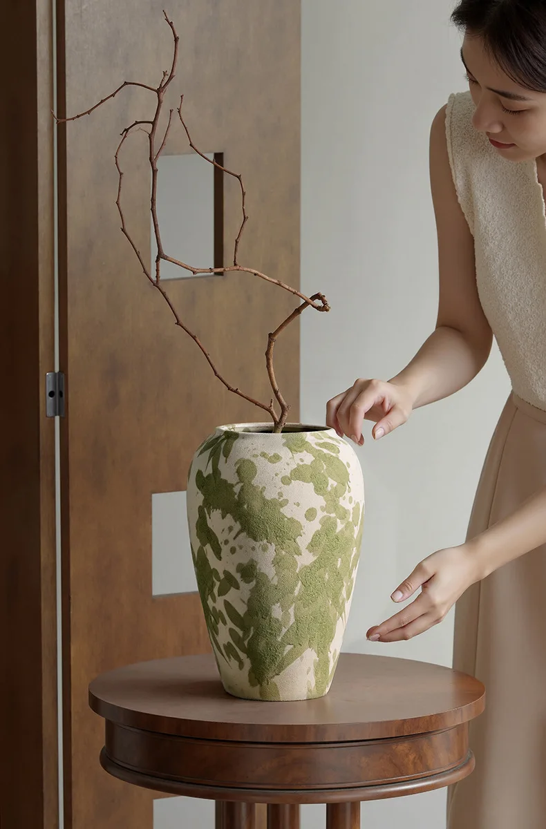 Green Splatter Ceramic Vase Matte Finish Wabi Sabi Style Rustic Home Decor Living Room Dried Flower Arrangement Statement Piece