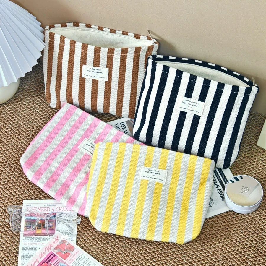 Canvas Pouch Label Stripe Yarn Dyed Zipper Cosmetic Bags Travel Makeup Organizer, Custom Logo & OEM/ODM Welcome