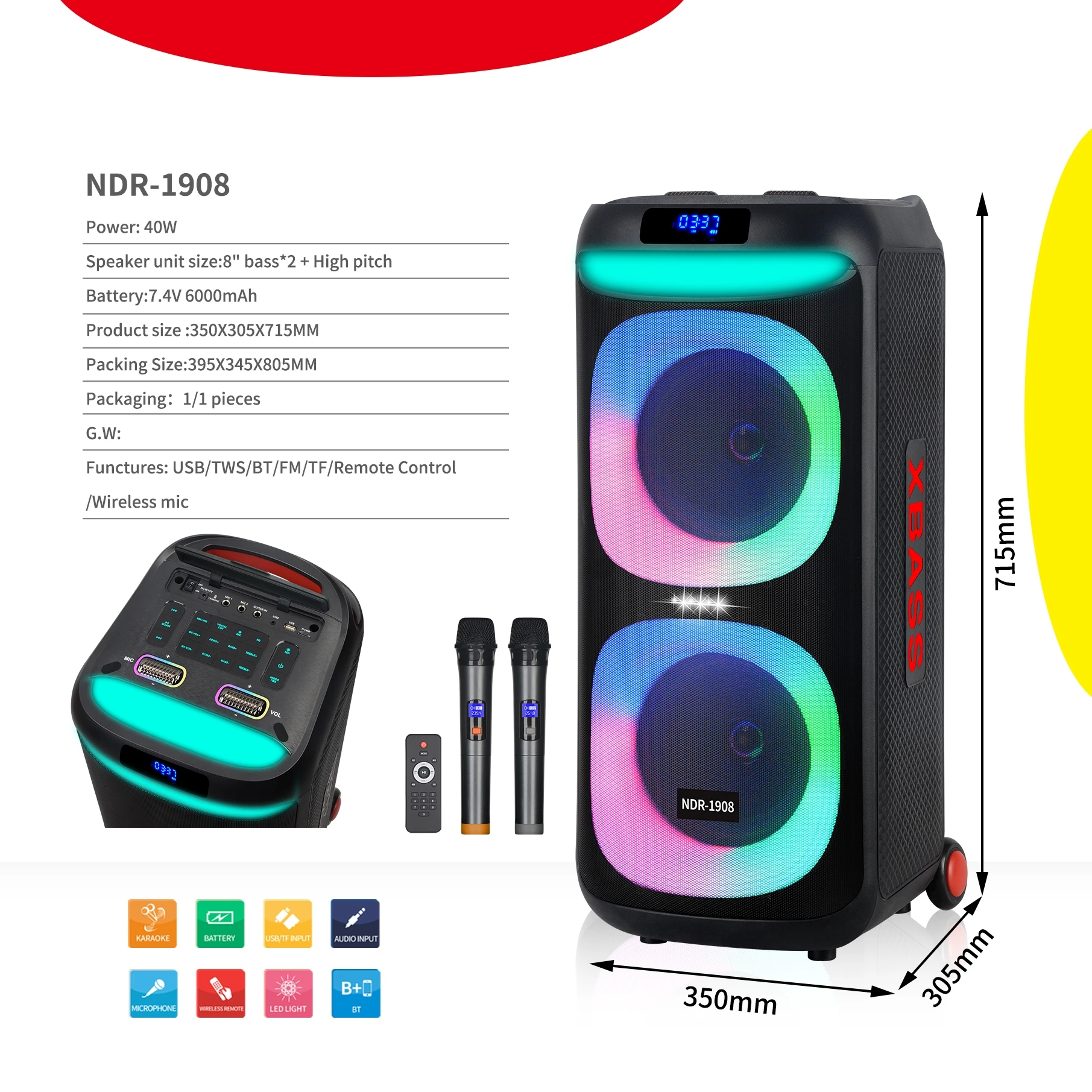 ポータブルBluetoothスピーカー LEDライト搭載 本体 OEM NDR-1908 ワイヤレスカラオケポータブル屋外BTスピーカー マイク