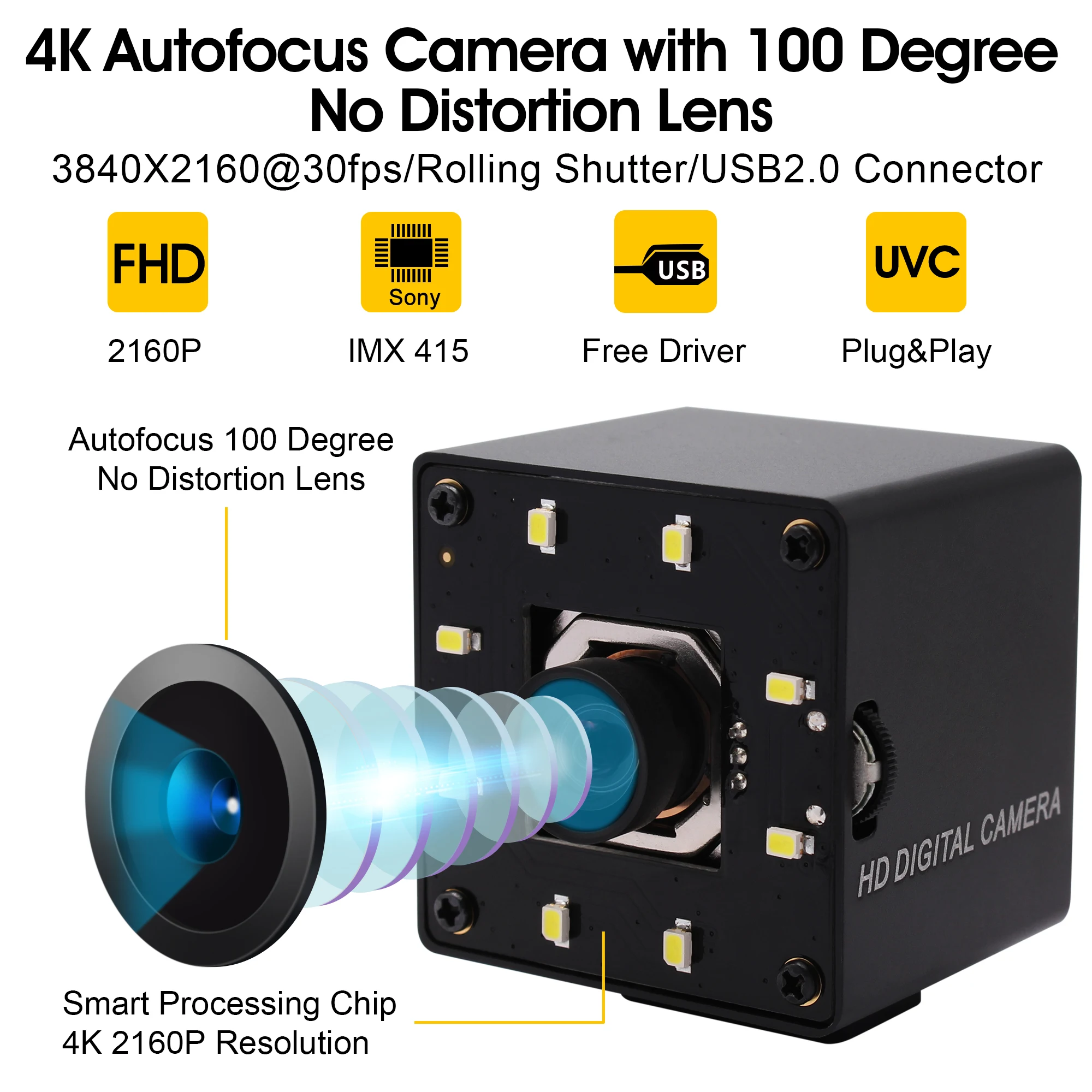4k USBカメラ ELPオートフォーカス 100度歪みのないレンズ LEDライト
