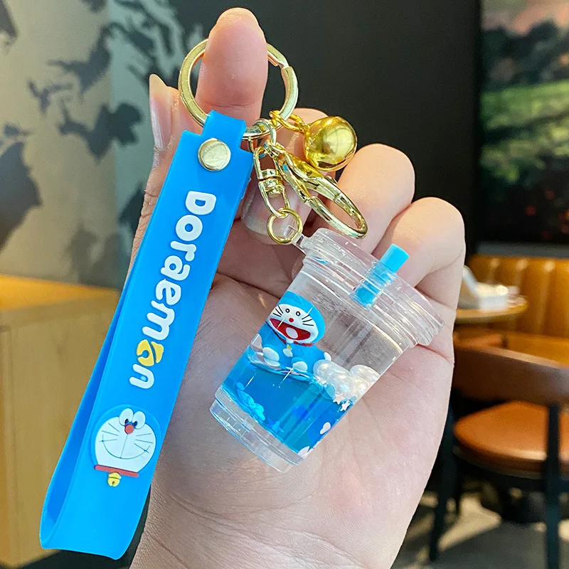 Anime Designer Liquid Keychain Kawaii Boba Llavros Key Ring Plastic Key Chain Cartoon Anime Doraemon Bottle Floating Keychain
