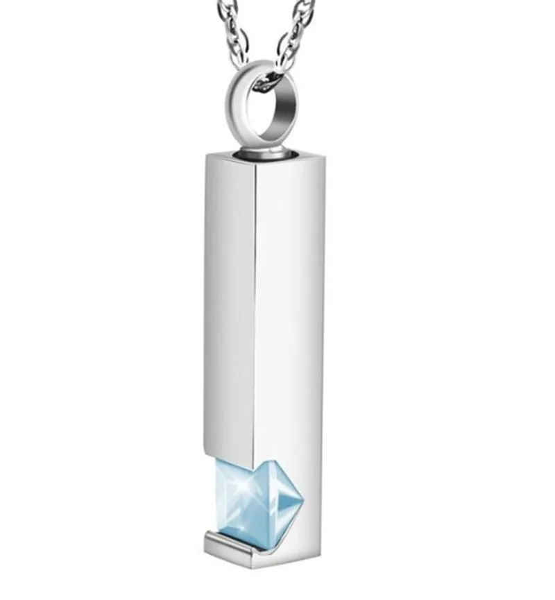 Unisex Stainless Steel Vertical Cubic Bar Container Urn Memorial Pendant Necklace Keepsake 12 color Crystal Cremation Jewelry
