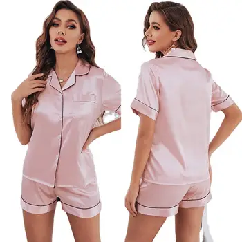 custom summer women's sleepwear short sleeve nightwear silk pajamas suit two piece satin pajama set for women satin pajamas