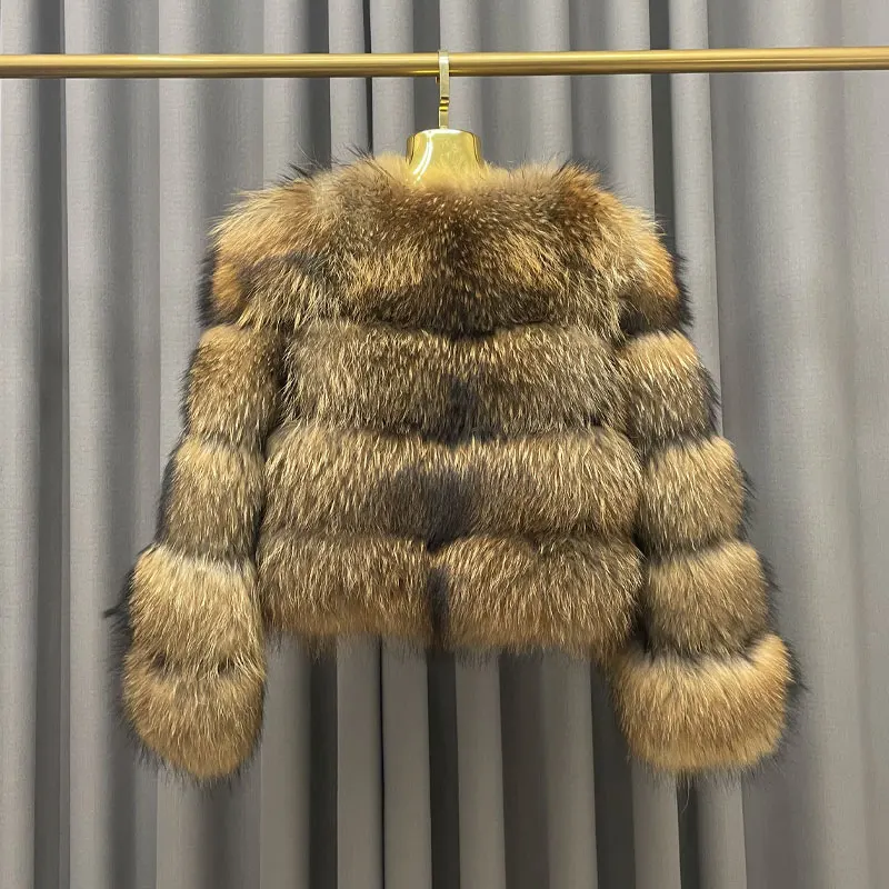 Winter Women's Warm Real Fur Coat Short Casual Long Sleeve Natural Color Raccoon Fur Coat_voghion.com