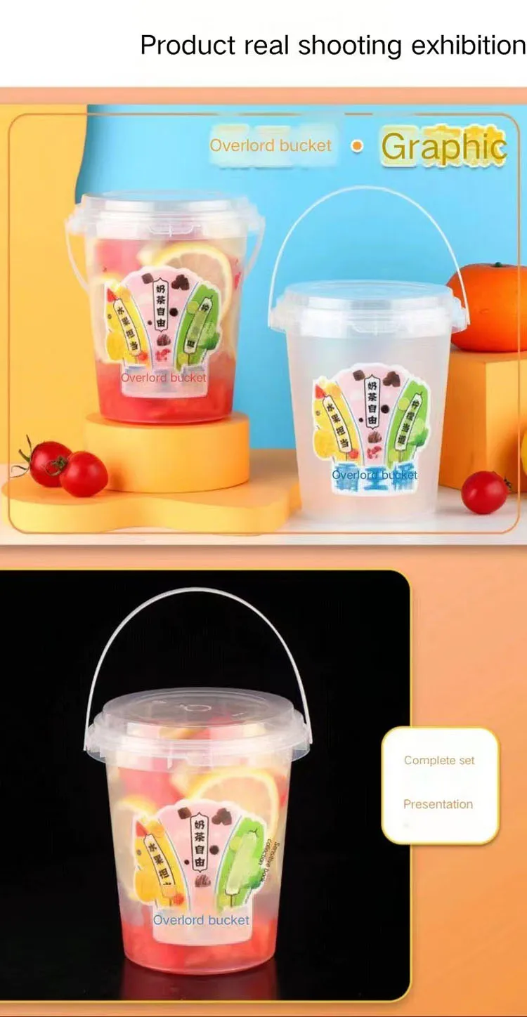 Custom 32oz Clear Fruits Buckets Cups With Handle Wholesale Disposable