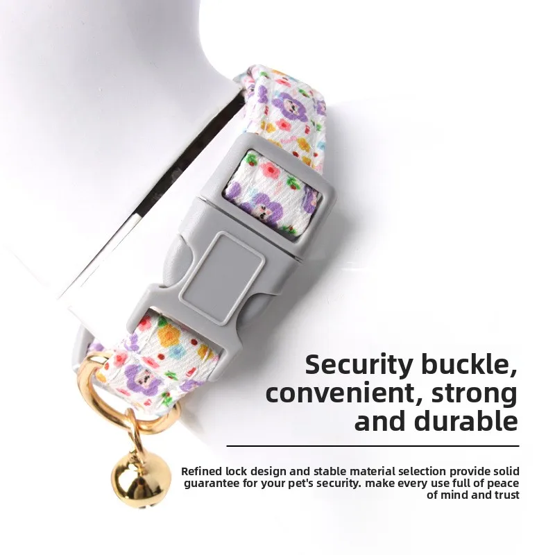 Small Floral Print Japanese and Korean Bell Anti-Lost Cat and Puppy Collar Cute Cross-Border Style for Dogs Made of Polyester