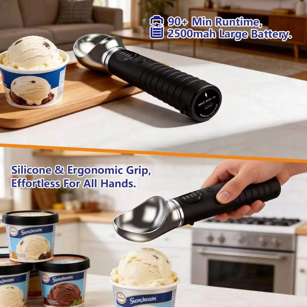 LED Heated Metal Ice Cream Scoop 4-Speed Temperature Control IP67 Waterproof Rechargeable Easy Use for Home & Business