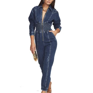 Wholesale Fashion Skinny Jean Zipper Closure Sexy Rompers Elastic Waist Woman Denim Casual Jumpsuit