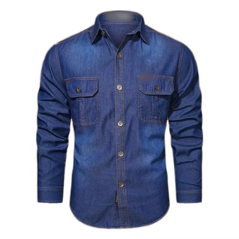 Autumn Men's Daily Casual Denim Jeans Top Cotton High Button-Up Collar Long Sleeve Slim Fit Breathable Slim Fit Jeans Shirt