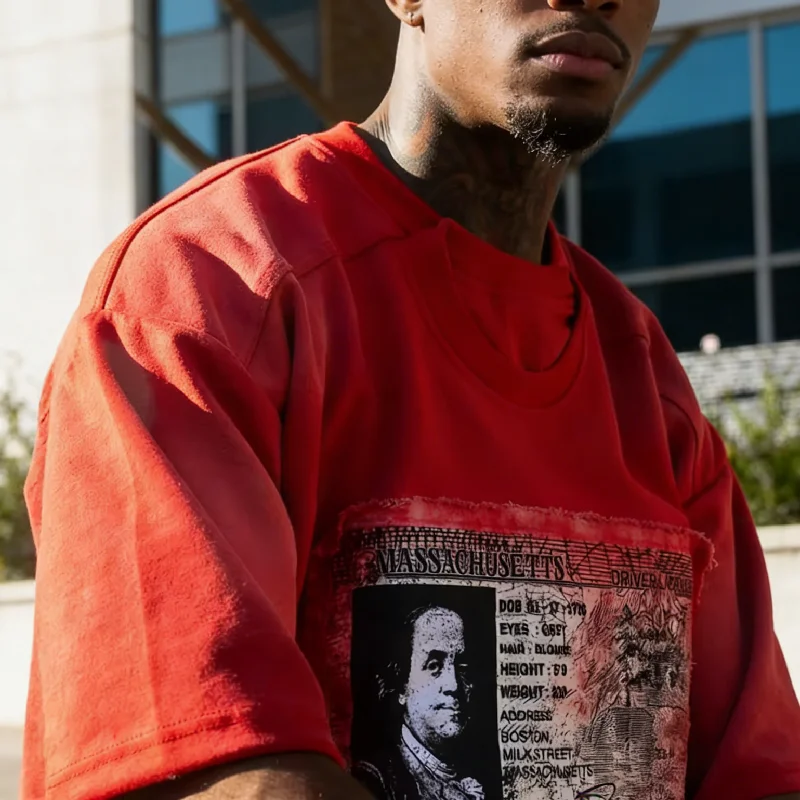OEM Manufacturer Custom Retro Hip-Hop Short-Sleeved Cotton T-Shirt Cropped Patchwork Embroidery Distressed Tshirts for Men gallery 3