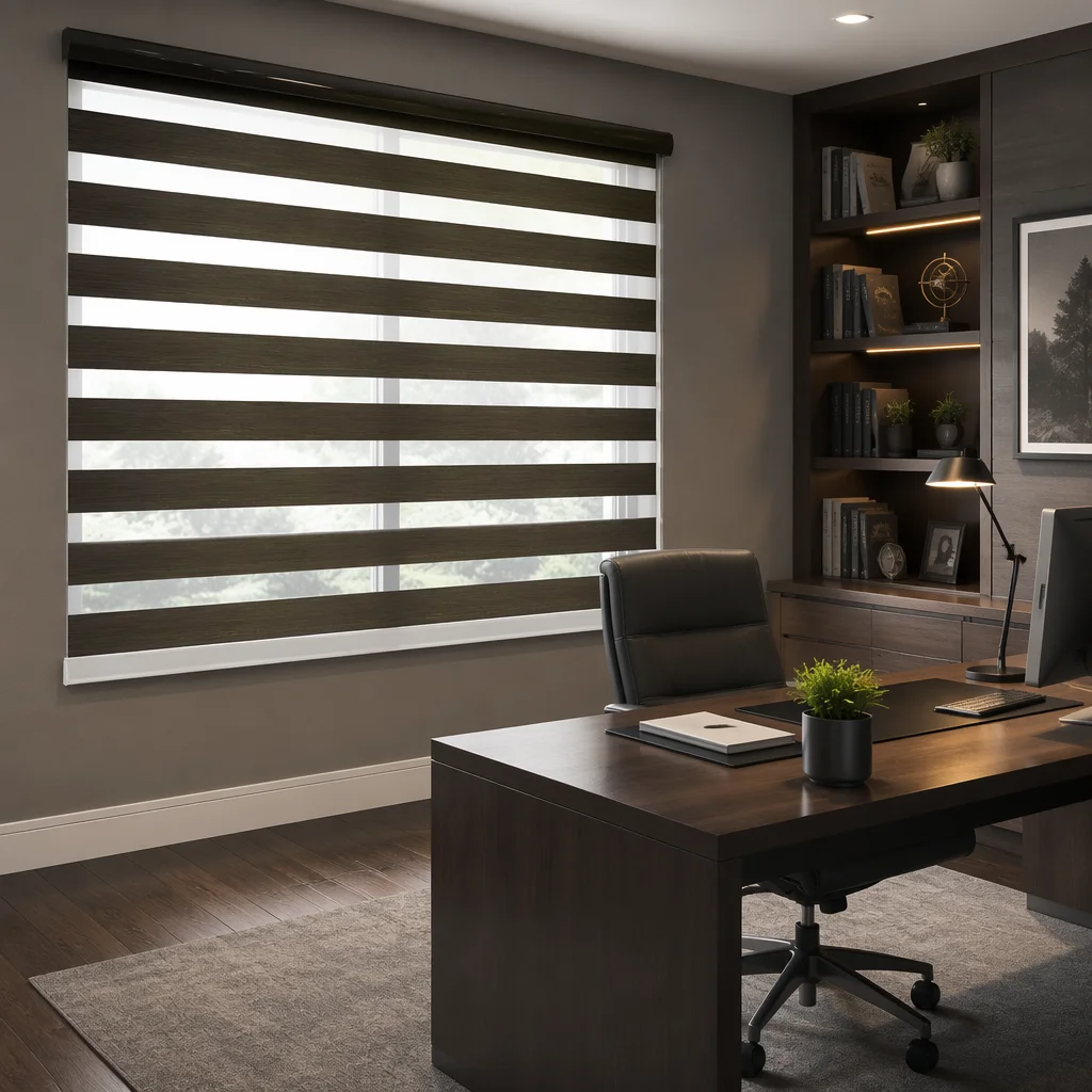 Zebra Shades Cordless Day Night Blinds Dark Olive Brown Square Headrail Light Filtering Privacy Control Custom Built-In Fabric