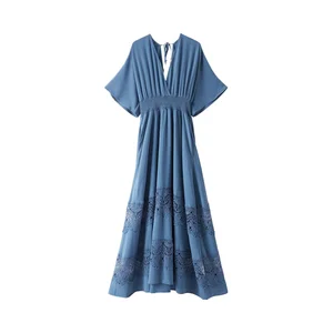 Summer Autumn Bohemian Chiffon Maxi Dress Short Sleeves V-Neck Casual Party Lace Decoration Smocked Waist Solid Pattern Washable