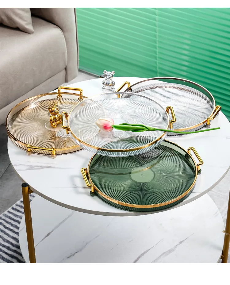 Round Clear Plastic Transparent Acrylic Serving Tray With Gold Handles